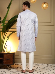 Men White Jacquard Work <b>Kurta</b> Pajama Set Regular Fit Traditional <b>Indian</b> Pakistani Knee-Length Casual Wear - Product Image 4