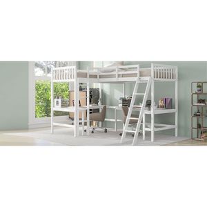 Cama Alta Blanca Tamaño Individual en Forma de L con Escalera y 2 Escritorios Integrados, Cama para Niños - Product Image 4