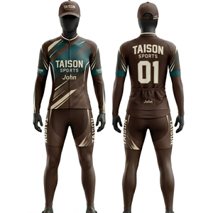 Conjunto de traje de ciclismo para hombre, poliéster y spandex premium, tela transpirable de 220 GSM, diseño de paneles en marrón y verde azulado, logotipo personalizado por sublimación. - Product Image 1