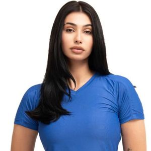 Camiseta de Manga Corta Azul para Mujer, Cuello en V, Corte Ajustado, Informal, Básica, Elástica, para Uso Diario, Ropa de Moda Femenina, Estilo Simple - Product Image 2