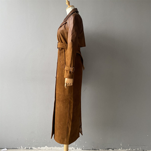 Manteau trench unisexe en cuir véritable, long, col montant, manches longues, respirant, coupe-vent, vêtement d'extérieur décontracté pour l'hiver, polyester - Product Image 2