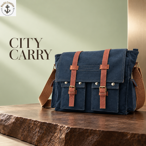 Navy Blue Canvas Crossbody <b>Bag</b> for <b>Men</b> | Vintage Messenger <b>Shoulder</b> <b>Bag</b> with Dual Front Pockets Buckle Straps Wide Carry Belt - Product Image 2