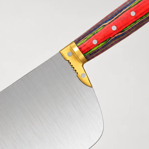 Couteau à découper la viande robuste PK-DR, lame large argentée, manche en bois multicolore rouge et vert, rivets dorés, couteau de boucher - Product Image 4