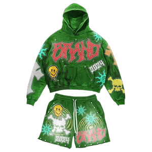 Heavyweight 420 GSM <b>brushed</b> cotton hoodie and shorts set black green leaf graphic puff print Hoodie Short Set men's - Product Image 3