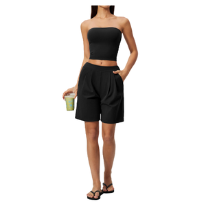 Ensemble de yoga 2 pièces pour femme : haut court sans bretelles et short plissé taille haute – Tenue de sport et de fitness pour la gym - Product Image 3