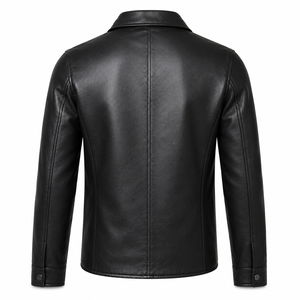 Veste en cuir noir pour homme avec col chemise classique, fermeture éclair intégrale sur le devant, poche poitrine, poches latérales et coupe slim moderne - Product Image 3