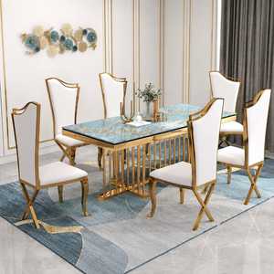 Blue <b>Marble</b> <b>Top</b> Stainless Steel Gold Dining Table Set 6 Seater Modern Designer Dining Table with Upholstered Chairs Luxury - Product Image 1