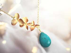 Collier turquoise, fleur d'orchidée, bijoux faits à la main, argent sterling 925, plaqué or 14 carats, pierres précieuses bohèmes, cadeau pour femme - Product Image 2
