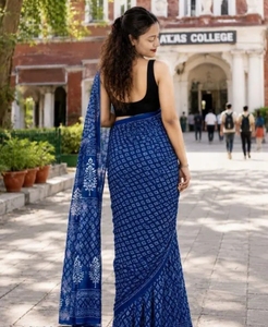 Sari Tradicional KV para Mujer, Estampado a Mano Bagru, de Algodón Puro Mulmul, con Blusa Sin Coser, Reversible, de Secado Rápido, para Otoño - Product Image 3