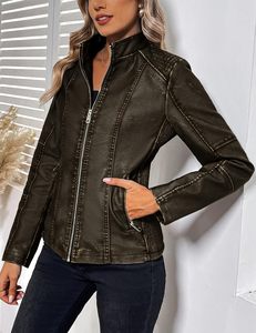 Chaqueta de moto de cuero PU para mujer, ligera, con cuello alto y cremallera, proveedor al por mayor - Product Image 3
