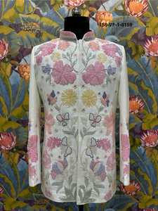 ชุดสูท Jodhpuri สีงาช้างมุก ผ้า TR ไม่ยับ ลายดอกไม้บานสะพรั่ง สีพาสเทล พร้อมเสื้อคลุม Bandhgala ประดับเลื่อม - Product Image 2