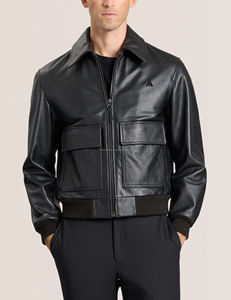 Chaqueta de Cuero PU Negra de Moda Urbana Personalizada para Hombre, Corte Regular, Cuello Camisero, Impermeable, Cortavientos, Informal - Product Image 3