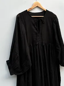 Women Black Plain Solid Tie Neck Cotton Maxi <b>Dress</b> With 3/4 Sleeve <b>Loose</b> Fit Boho Style Summer Casual <b>Dress</b> - Product Image 3