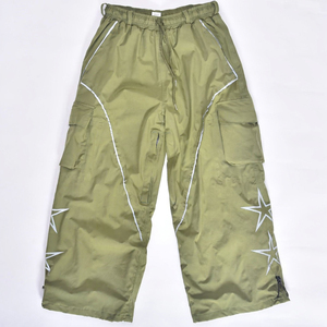 Men Olive Green <b>Cargo</b> Pants With <b>White</b> Star Print Drawstring Waist Quick Dry Polyester Snow Wear - Product Image 1