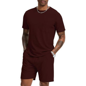 Men's Burgundy Cotton T-Shirt and Shorts Set Crew Neck Short Sleeve Solid Color Casual Summer Wear Breathable Knitted <b>Fabric</b> - Product Image 1