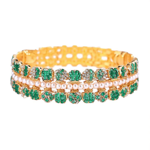 Green Gold-Plated <b>Copper</b> Bracelets with Zircon and Pearl Classic Bezel Set <b>Bangles</b> for Wedding and Engagement - Product Image 2