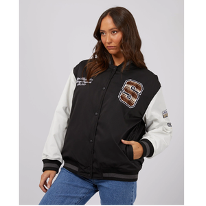 Veste universitaire noire et blanche avec logo brodé sur le devant, coupe classique, style décontracté, unisexe, pour l'automne - Product Image 1