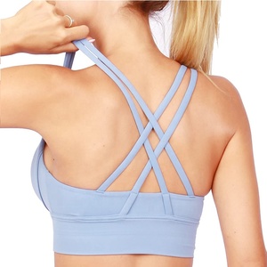 Women's Light <b>Blue</b> Seamless Sports <b>Bra</b> Scoop Neck Racerback Medium Support Yoga Workout Top Breathable Solid Color - Product Image 3