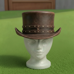 Sombrero de copa hecho a mano de cuero marrón con remaches, estilo victoriano, steampunk, gótico, para cosplay, de calidad premium y personalizado. - Product Image 3