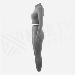 North Approach 2 Piece Yoga Set Full Length <b>Zipper</b> Front Solid Gray Crop <b>Top</b> High Waist Leggings Breathable Sportswear - Product Image 3