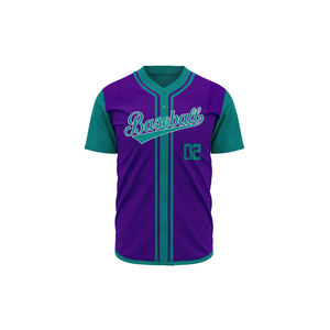 เสื้อเบสบอลสีม่วงและสีเขียวอมฟ้าแบบ OEM ODM ขายส่ง พร้อมลายพิมพ์ "Baseball" หมายเลข 02 แขนสั้น ติดกระดุมด้านหน้า สำหรับผู้ใหญ่ทั้งชายและหญิง - Product Image 1