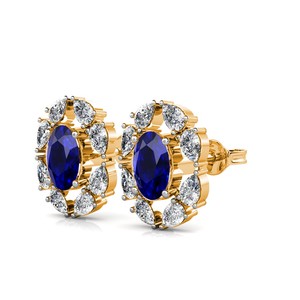 Classic 18K Gold Sapphire Stud <b>Earrings</b> With Pear Cut <b>Diamonds</b> Flower Design For Women Wedding Jewelry - Product Image 2