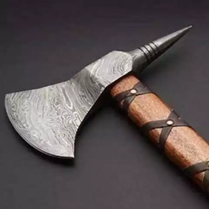 Handmade <b>Axe</b> Damascus Steel Blade Wood <b>Handle</b> With Leather Sheath Outdoor Knife - Product Image 2