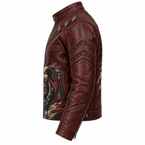 Chaqueta de Cuero con Gráficos Oxblood Raven para Hombre, Chaqueta de Motero Occidental de Piel de Vacuno Carmesí Personalizada, Oferta Directa de Fábrica - Product Image 4