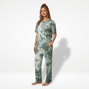 Women's Cotton Bamboo Knitted 220g Pajama <b>Set</b> Short Sleeve O-Neck Long Pants Casual Breathable 2 Piece Regular Fit All Seasons - Product Image 1