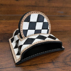 Designer Checkerboard Genuine Leather Round Coasters 4 pcs Set Coffee Table Mat <b>Cup</b> Mat for Drinks Custom Logo Office Home Decor - Product Image 5