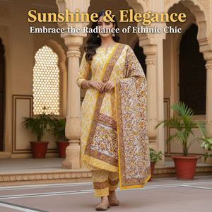 Yellow White Floral Cotton Kurti Sarong <b>Pyjama</b> Set | High Quality Hand Block Print Women Punjabi Suit Set Handmade Masterpiece - Product Image 5