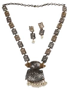 Parure de bijoux bohèmes bicolores pour mariée, collier pendentif géométrique et boucles d'oreilles, cadeau de mariage, anniversaire, fiançailles, en laiton - Product Image 1