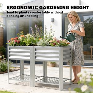 Fioriera Rialzata in Acciaio Zincato da 80 cm (31,5 pollici) di Altezza, Argento, con Ripiano Portaoggetti e Rivestimento Interno - Product Image 6