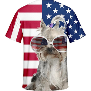 Camiseta de manga corta con cuello redondo y estampado de perro Yorkie con bandera de EE. UU., unisex, para adultos, transpirable, de poliéster, con estampado completo, corte regular - Product Image 2
