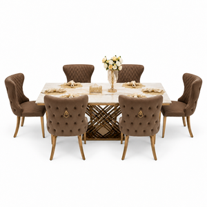 Table à manger rectangulaire moderne en marbre blanc avec six chaises en cuir PU capitonnées pour les intérieurs de maisons, hôtels et restaurants de luxe - Product Image 4