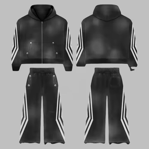 Conjunto de Chándal Personalizado con Lavado Ácido, Estampado Puff y Efecto Spray Wash, que incluye Pantalones de Chándal Acampanados y Sudadera con Capucha de Cremallera Completa, Estilo Streetwear - Product Image 1