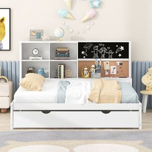Divano letto a grandezza naturale con ripiani contenitore in legno massello, lavagna e bacheca, porte USB, letto estraibile singolo - Letto moderno per bambini - Product Image 1