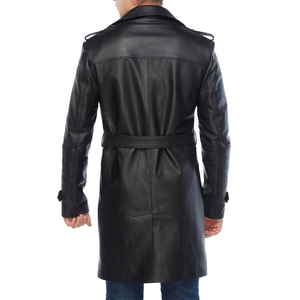 Men's <b>Black</b> Genuine Leather Trench Coat Long <b>Overcoat</b> Winter Fashion Coat - Product Image 2