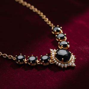 Black Onyx Pendant Necklace, 16 Inch Round with CZ, 925 Sterling <b>Silver</b>, 18K Gold Plated <b>Wedding</b> Party Wear Necklace - Product Image 4