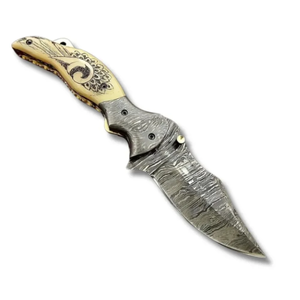 LEGACY BLADES มีดพับเหล็กดามัสกัส มีดทำมือทรงดรอปพอยต์ ด้ามไม้ มีดสำหรับตั้งแคมป์ มีดพับเกรดอุตสาหกรรม - Product Image 4