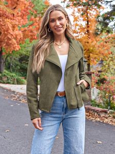 Veste moto en daim vert olive pour femme, manches longues, col en V, fermeture éclair, style automne - Product Image 2