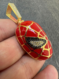 Spider Man <b>Mask</b> Pendant Gold Plated Red Enamel Rhinestone <b>Eyes</b> Themed Charm Unisex Hiphop Fashion Jewelry - Product Image 2