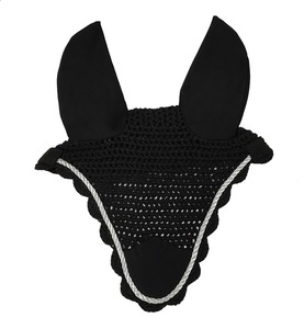 Voile anti-mouches pour cheval noir en crochet de haute qualité, confortable, avec bordure en corde argentée, protège-oreilles doux, bonnet équestre fait main - Product Image 1
