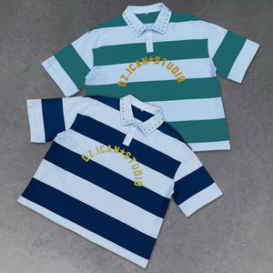 Camiseta Polo Retro de Rugby para Hombre, con Estampado de Franjas, Remaches y Botones, de Algodón, Corte Cuadrado y Recortado, de Alta Calidad - Product Image 1