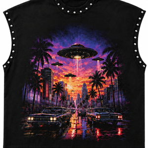 Camiseta sin mangas con cuello redondo y estampado de UFO City, ribete de diamantes de imitación, transpirable, estilo urbano, 100% algodón, corte holgado para hombre - Product Image 6