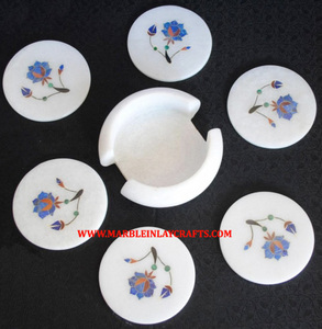 Best Designer Handmade Beautiful <b>White</b> Marble With Pink Inlay Mother Of Pearl Round Shape <b>Coaster</b> Set For Home And Hotel Decor - Product Image 3