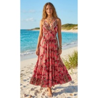 Talla Única, Estilo Y2K, Vestido Bohemio Natural de Seda Tejida India, Corte en A, Largo hasta el Suelo, Estampado Floral Paisley, Estilo Coreano, Verano, Cuello en V, Sin Mangas, Lavable