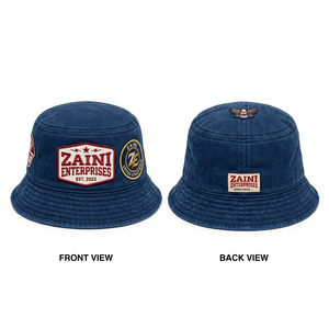ZAINI Polyester/Cotton Canvas Unisex Bucket Hat 3D <b>Embroidery</b> Custom Logo Adjustable Fit Brown/Blue Contrast Crown Woven Patch - Product Image 1