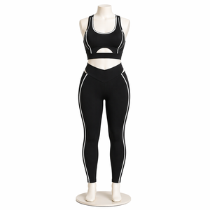 Women's <b>Black</b> Stripe Cut-Out Sports Bra <b>Leggings</b> Set High Waist Activewear Yoga Gym Workout Clothing Custom OEM - Product Image 1