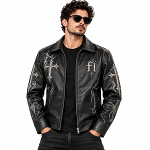 Veste en cuir PU pour homme, style streetwear vintage, imprimé croix métallique, impression DTG, mode Y2K, vente en gros OEM - Product Image 2